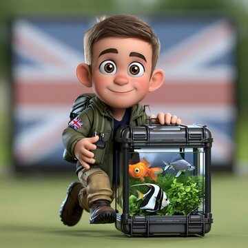 Cartoon boy carries a portable glass aquarium containing fish in front of a blurred Union Jack flag.