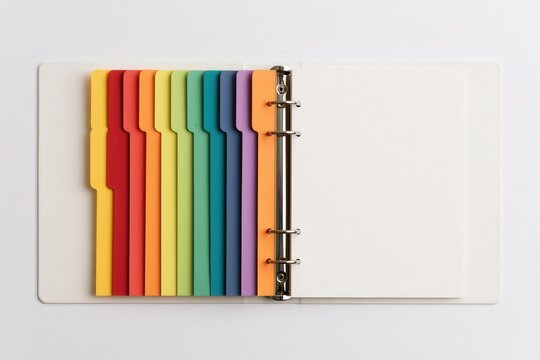 Open binder with rainbow colored dividers and blank page