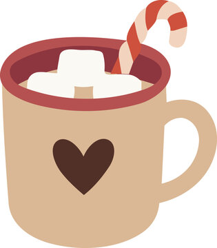 A cozy Christmas mug filled with marshmallows and a striped candy cane features a simple heart design in a warm flat illustration style.