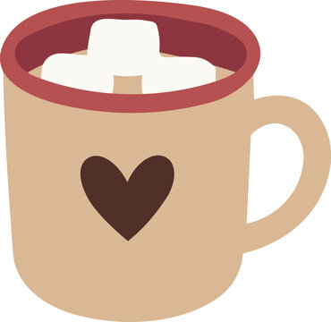 A cozy flat vector illustration of a beige hot chocolate mug with marshmallows and a brown heart, isolated