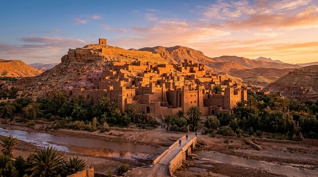 Ancient Kasbah Village, Morocco: Desert Landscape, Sunset, Berber Architecture