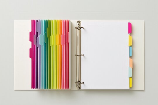 Open binder with colorful tabs and blank pages