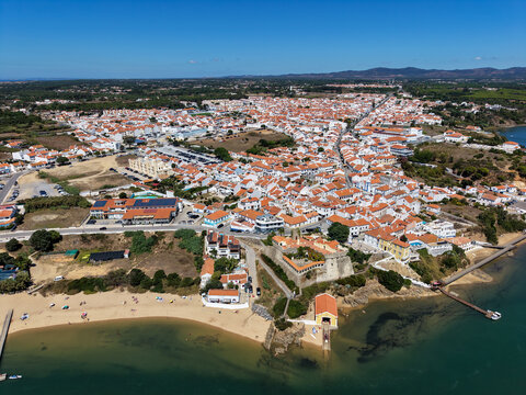 Vila nova de milfontes town aerial view with beach and river