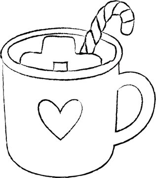 A hand-drawn black outline illustration of a cozy Christmas mug with marshmallows, a candy cane, and a heart