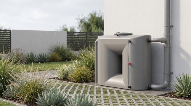 Modern residential rainwater harvesting system tank installed outdoors against a white exterior wall in a garden setting with water harvesting