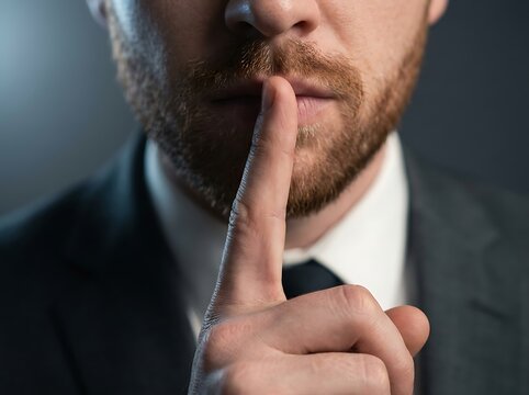 Man with beard in suit and tie holds finger to lips asking for silence and secrecy.