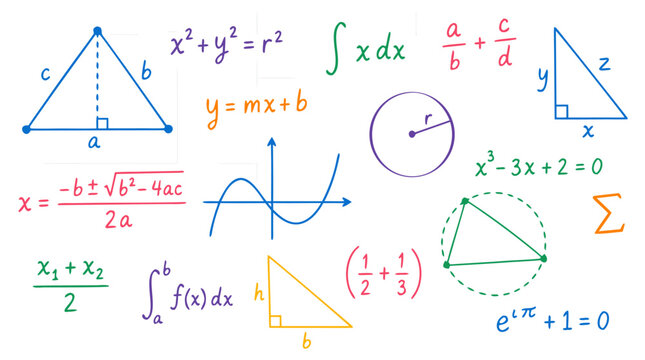 Handwritten Math Equations Floating on White Background Vector Illustration with Algebraic Formulas Geometric Shapes and Scientific Notation - professional high detailed commercial stock imagery