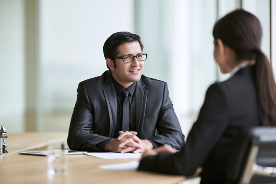 Man in a suit and glasses interviewing with a woman across a wooden desk in an office setting
