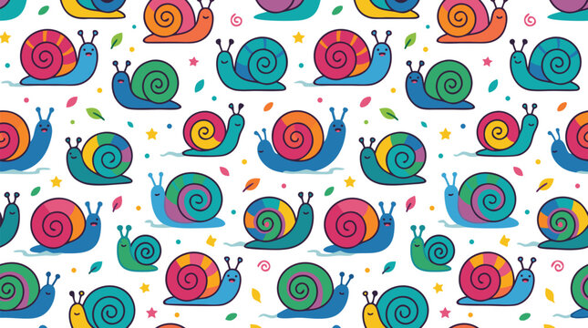 Repeating seamless pattern of cute cartoon snails with colorful spiral shells on a white backdrop, whimsical flat vector illustration for print textile wallpaper - detailed commercial stock imagery