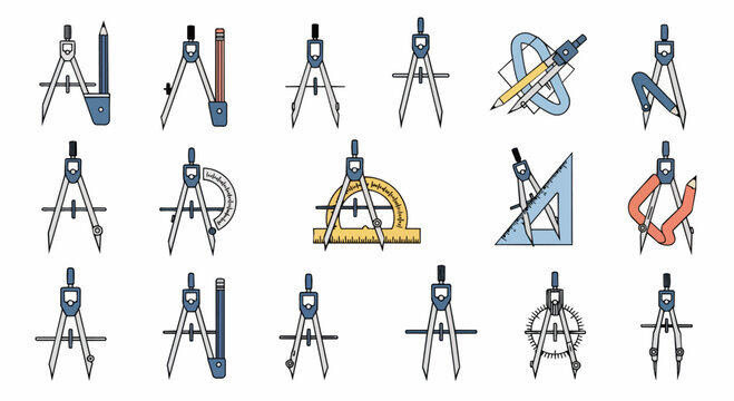A collection of various drafting compass tools and geometric instruments are arranged in a.