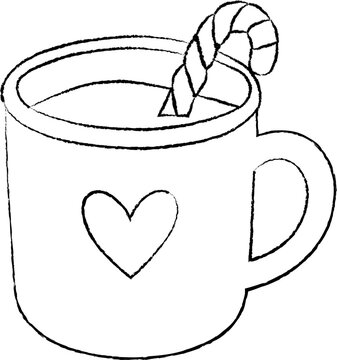 A hand-drawn black outline illustration of a cozy mug with a heart and striped candy cane, isolated