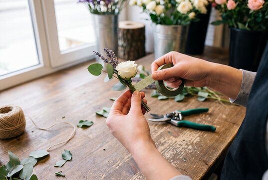 Applying floral tape to rose and lavender boutonniere