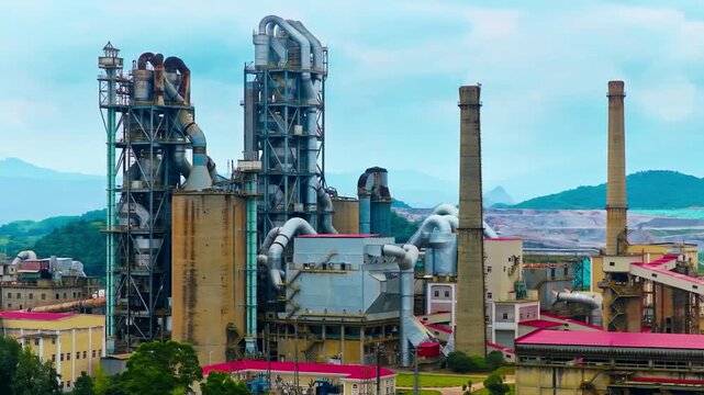 Industrial cement factory with tall processing towers, cylindrical chimneys, metal pipes, red roofs, green hills, blue sky, and diffuse light.