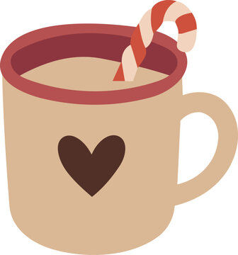 A cozy flat vector illustration of a beige hot chocolate mug with a heart design and striped candy cane, isolated