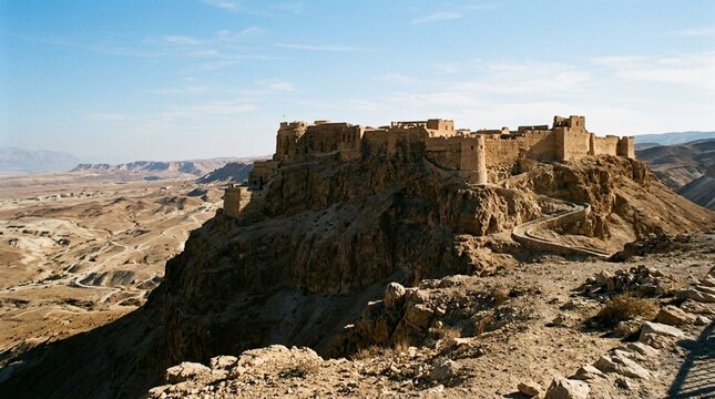Ancient Masada Fortress Ruins on Rocky Hilltop, Israel