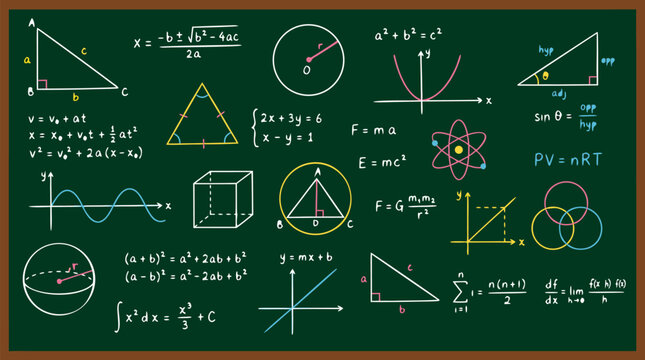 Hand-drawn mathematical equations and geometric diagrams on dark green chalkboard featuring triangles circles physics formulas algebraic equations and scientific illustrations for education and