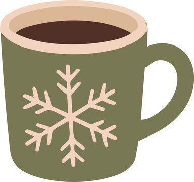 olive green mug filled with hot chocolate and decorated with a large snowflake, isolated