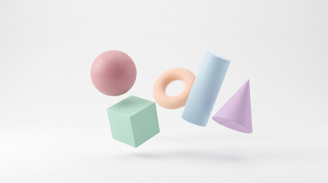 3D Pastel Floating Geometric Primitives Composition on White Background
