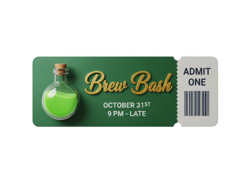 Green potion bottle icon on a rectangular ticket label with a barcode for fantasy games and magic items