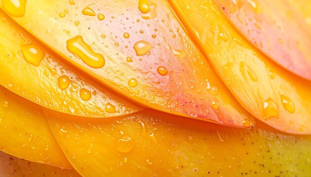 Close up of sliced ripe yellow mango fruit.