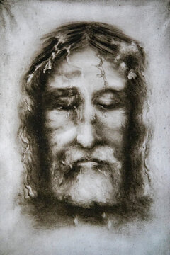 A monochrome artistic depiction shows the face of Jesus Christ with closed eyes and tears.