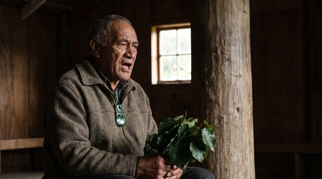 Maori Tohunga Performing Karakia Prayer Before Unawakened Pou Pillar