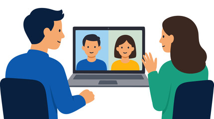 Fototapeta premium Professional team members connecting through video conference on laptop computer flat vector illustration remote work online meeting colleagues digital communication technology modern workplace