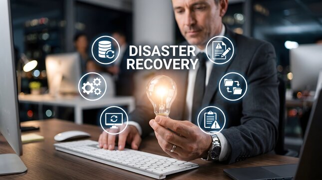 Businessman holding lightbulb with disaster recovery icons in office
