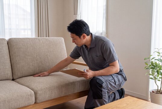 Furniture specialist evaluating sofa fabric quality