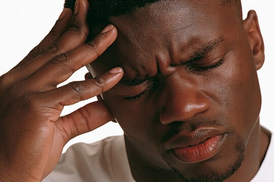 Close up portrait of a man with beads of sweat on his forehead looking stressed and exhausted