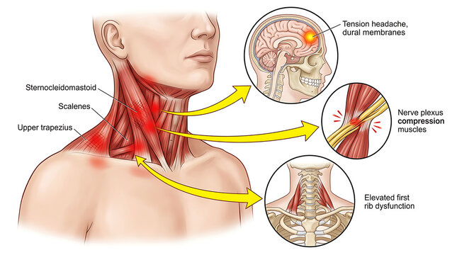 Medical diagram illustrating neck pain pathways to the head and nerves