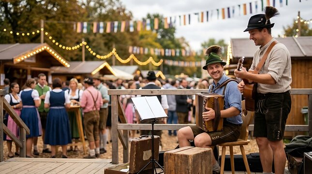 Two smiling Bavarian musicians in traditional lederhosen and hats play accordion and guitar at outdoor folk festival with festive decorations.