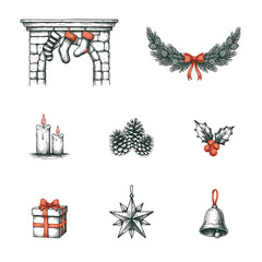 Fototapeta premium Hand drawn christmas fireplace, wreath, candles, and ornaments isolated on a transparent background