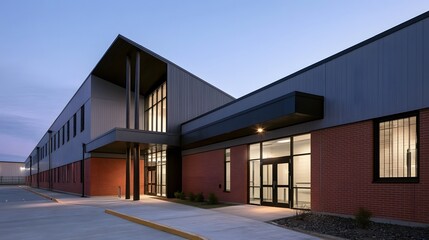 Obraz premium Modern industrial building with brick and metal siding glass doors and illuminated at dusk