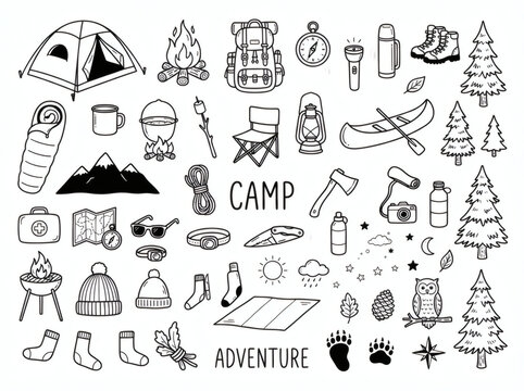 Camping Gear and Outdoor Adventure Doodle Icon Set, Hand Drawn Hiking Equipment Line Art Illustration Isolated on White Background for Tourism Branding, Travel Blog, and Summer Camp Design