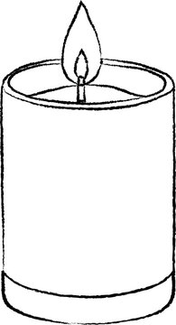 A minimalist black outline illustration of a lit pillar candle with a simple flame