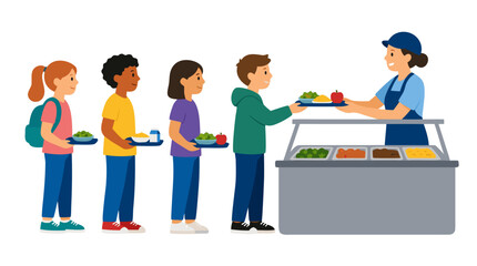 Fototapeta premium Diverse students standing in line at school cafeteria counter receiving trays of healthy food from friendly cafeteria worker, flat color vector illustration of school lunch scene