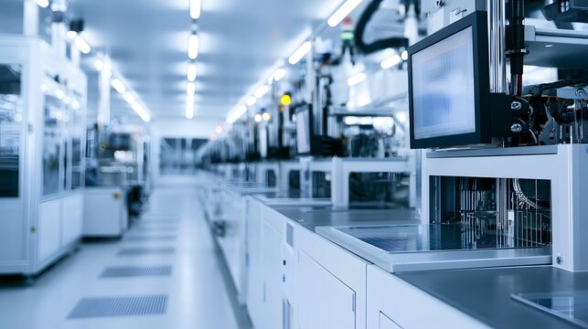 Modern semiconductor fabrication facility with cleanroom equipment  illuminated workstations  and precise hinery for chip manufacturing