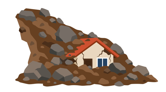Small damaged house half-buried by fallen rocks and mud from a landslide, bold flat colors vector illustration on clean solid background, natural disaster destruction concept