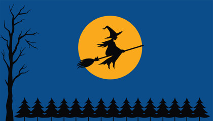 Fototapeta premium Halloween full moon night with witch flying on broomstick and pine trees border design.