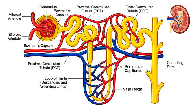 Diagram of a nephron, the functional unit of the kidney, showing vessels and tubules
