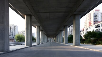 Obraz premium Underneath a concrete overpass a long straight road stretches between repeating pillars with urban buildings visible in the distance under clear