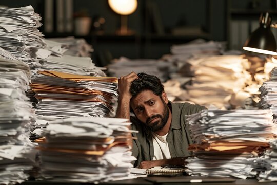 Stressed office worker man overwhelmed by massive piles of paperwork and documents