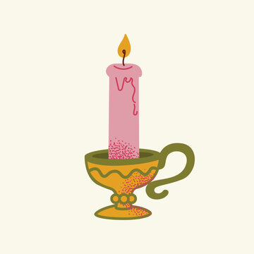 Vintage Candle in Ornate Candlestick Holder with Dripping Wax and Flame, Pink Green Gold Flat Vector Illustration