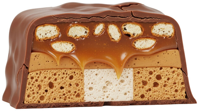 Milk chocolate candy bar with caramel and nuts isolated on transparent png for snack ads