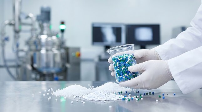 Scientist in lab coat and gloves holding beaker filled with colorful polymer pellets for material science research.