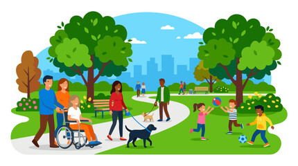 Fototapeta premium Diverse families enjoying sunny urban park walking dogs pushing wheelchair playing with children on green lawn beneath tall trees and city skyline panorama - detailed commercial stock imagery with