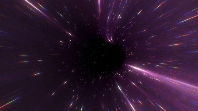 Violet black hole tunnel surrounded by fast purple star streaks, created for warp speed, interstellar travel, cosmic portals, gravitational motion and dramatic futuristic science fiction scenes
