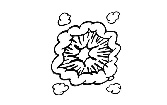 Hand-Drawn Comic Cartoon Explosion Outline Doodle &mdash; Star Burst Impact Effect with Smoke Cloud, Action Bang Line Art, White Background