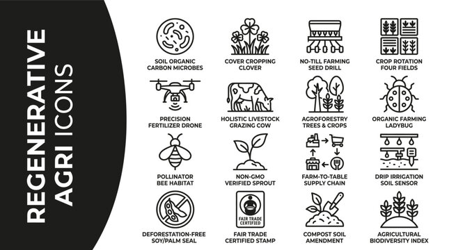 Set of regenerative agriculture icons for sustainable farming practices